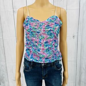Y2K Floral Ruche Cami Tank Top blue purple sheer stretchy sz Small